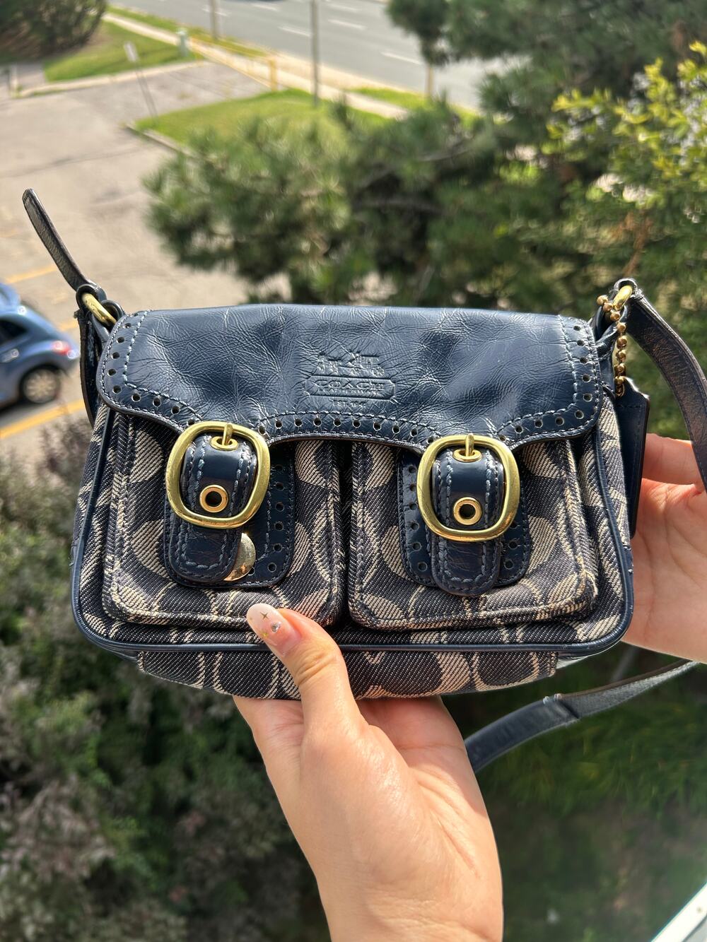Vintage coach signature buckled crossbody bag navy jacquard canvas & leather tri